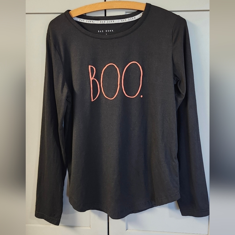 Rae Dunn BOO Black Long Sleeve Shirt Pajama Top Black & Orange Sz S